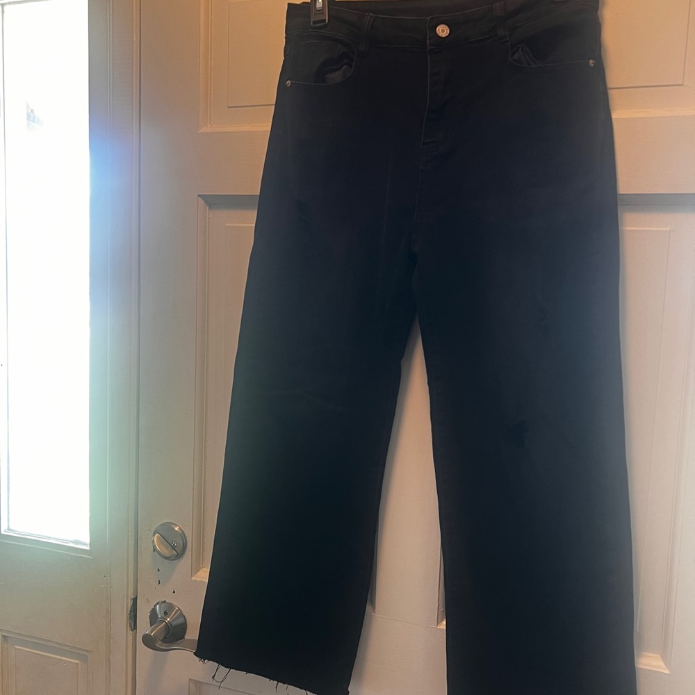 Wide Leg Black Jeans w/Raw Hem and Very Light Distressing